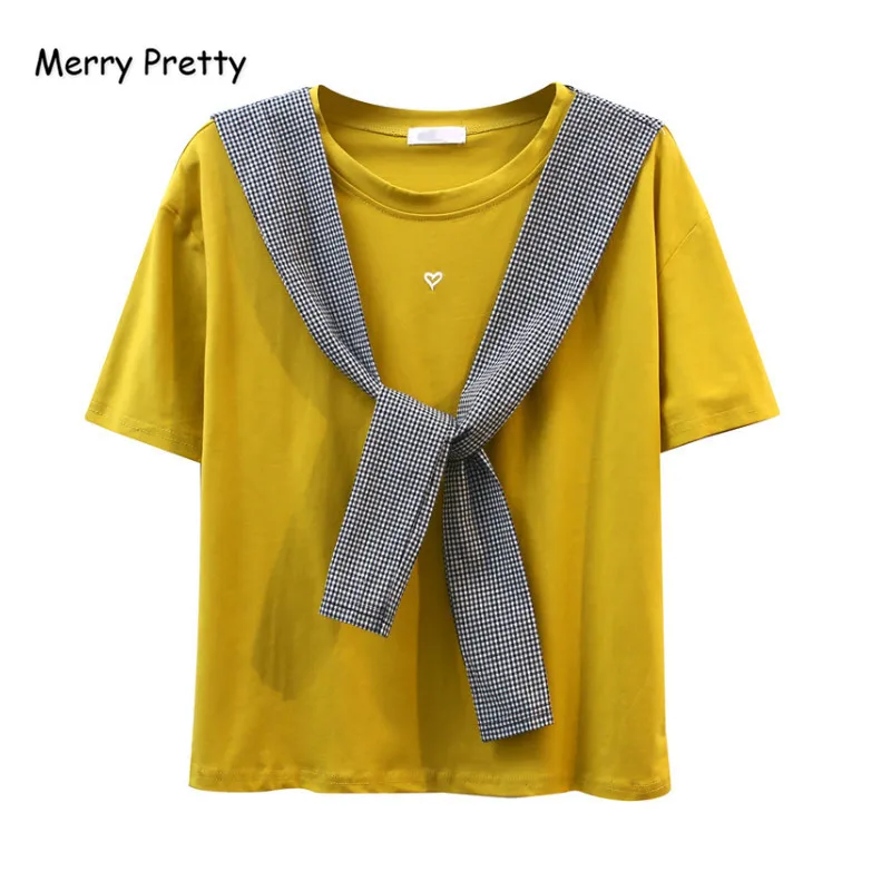 Merry Pretty летняя Harajuku Милая футболка для женщин моряк полосатый галстук бабочка шеи женские хлопковые топы сердце письмо вышивка футболка