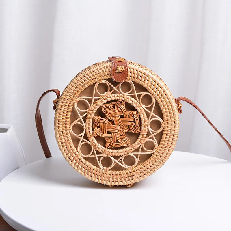 20cm Big Size Handmade Circle Chinese Bowknot Women Rattan Bags Spiral Style Hollow Out Flowers Female Shoulder Bags B380