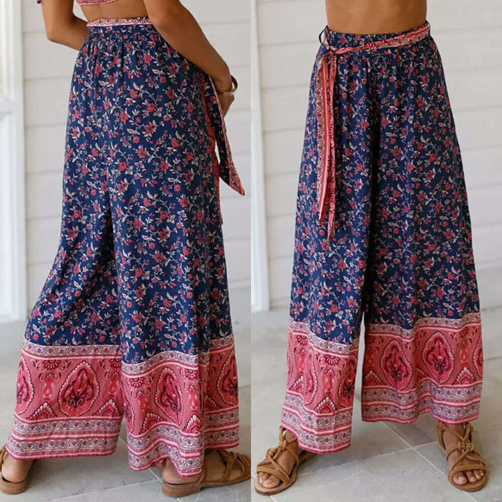 Boho женские Мешковатые шаровары Хиппи широкие ноги Gypsy Palazzo Высокая талия свободные широкие брюки клеш колокол низ