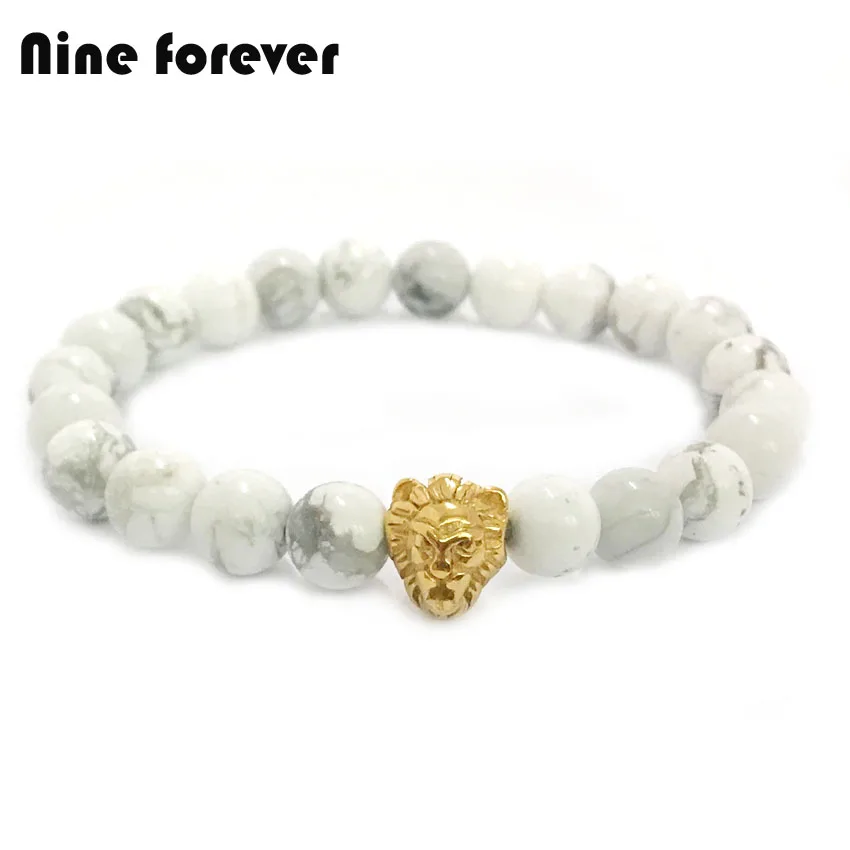 1 шт. девять навсегда Модные мужские и женские оригинальная Howlite камень нержавеющая сталь голова льва браслет настроить