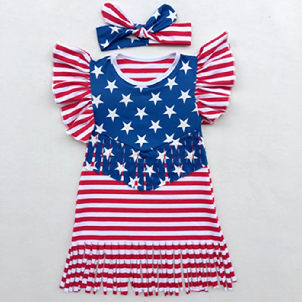 Платье для девочек 4 июля Детские платья с кисточками и пышными рукавами детская
