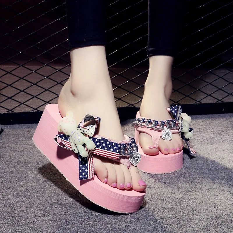

Striped cartoon bear decoration platform sandals women summer chains pendant flip flops mujer punk beach slides sapato feminino
