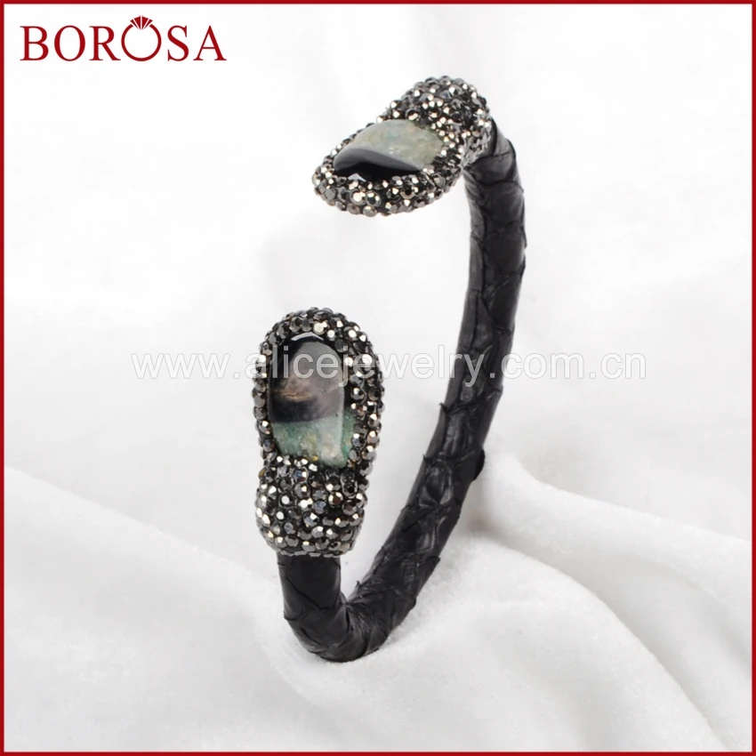 BOROSA 5 шт./партия, браслеты с манжетами из кожи животных, разноцветные Агаты, проложенные цирконовые стразы, кожаный браслет, браслет с натуральными камнями JAB441