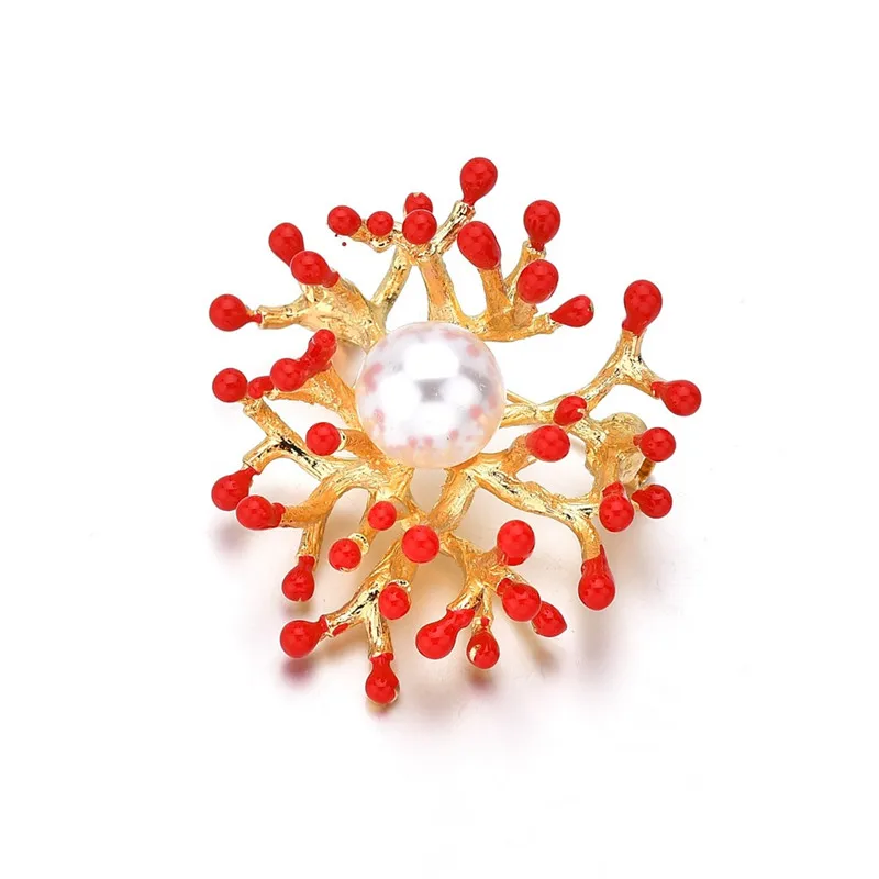 

Fashion Imitation Pearl Red Coral Flower Brooches Women's Metal Flower Plants Weddings Dress Banquet Brooch Gifts
