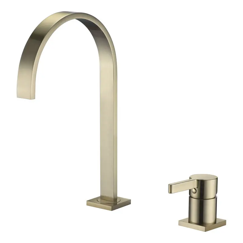 

all Copper cold and hot double hole split faucet with high washbasin table top faucet and wire drawing golden basin faucet