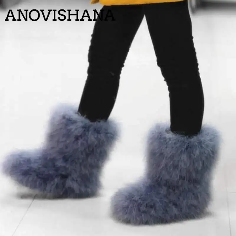 

ANOVISHANA Winter Women Snow Boots Genuine Real hairy Ostrich Feather furry Fur flats plush ladies girl warm boots botte femme
