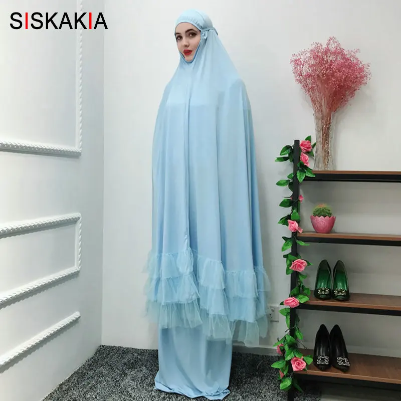 Siskakia Рамадан, должно быть, мусульманское, однотонное, модное, выходное, Абая, платье высокого класса, многослойное, кружевное, лоскутное, халаты+ юбки - Цвет: Light blue abaya
