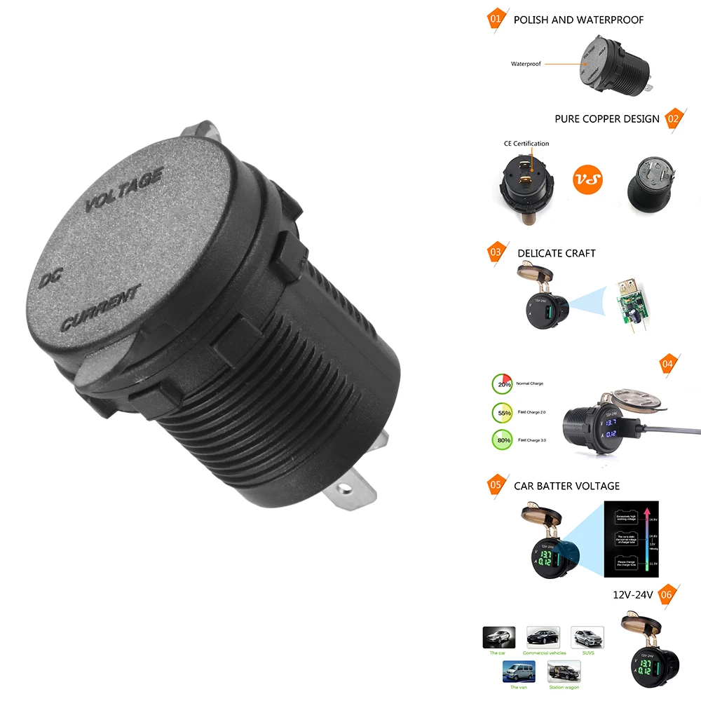 Powstro Quick Charge 3,0 USB зарядное устройство розетка 5 V 3A с светодиодный зарядка с usb-разъемом 12-24 V Вольтметр цифровой дисплей
