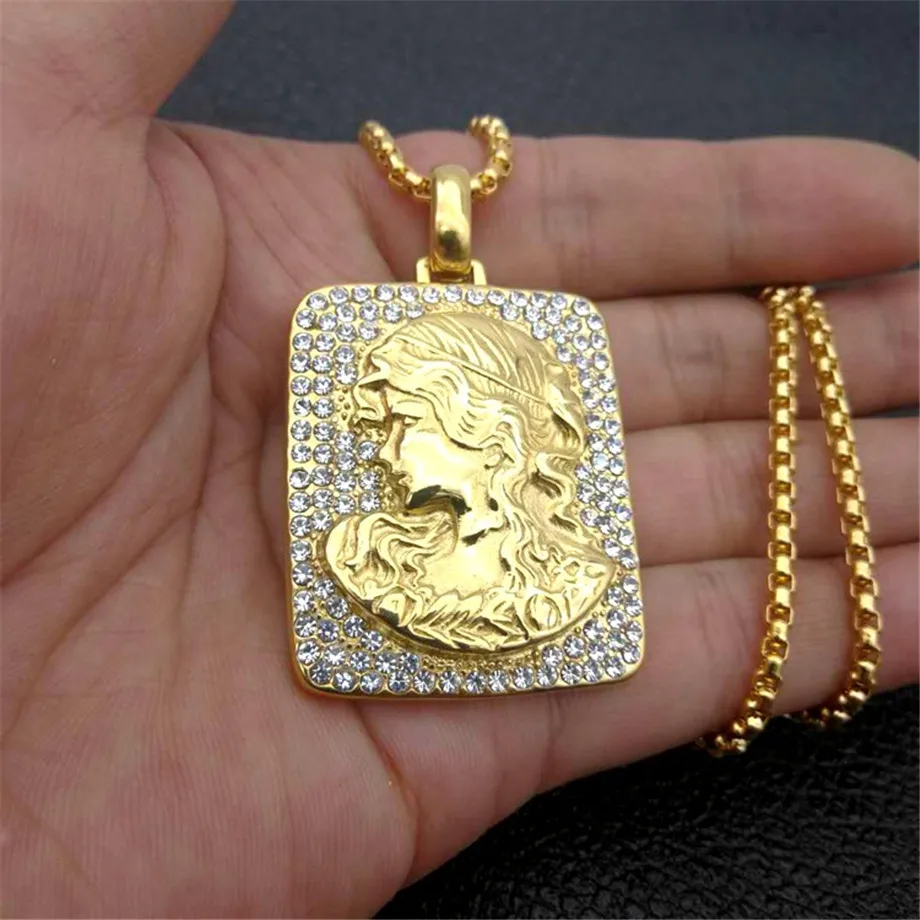 

Female Portrait Pendant With Stainless Steel Chain And Iced Out Bling Full Rhinestones Figure Necklace Hip Hop European Jewelry
