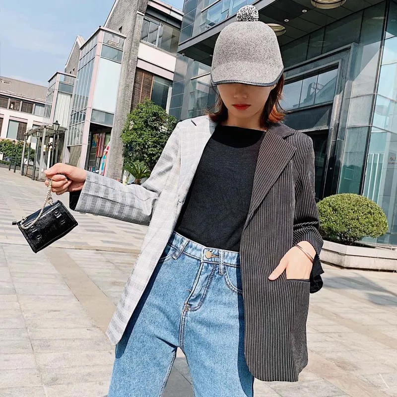 YNZZU Chic Нерегулярные в полоску клетчатый Блейзер Для женщин элегантный зубчатый воротник верхняя одежда повседневная куртка Для женщин блейзер feminino YO771