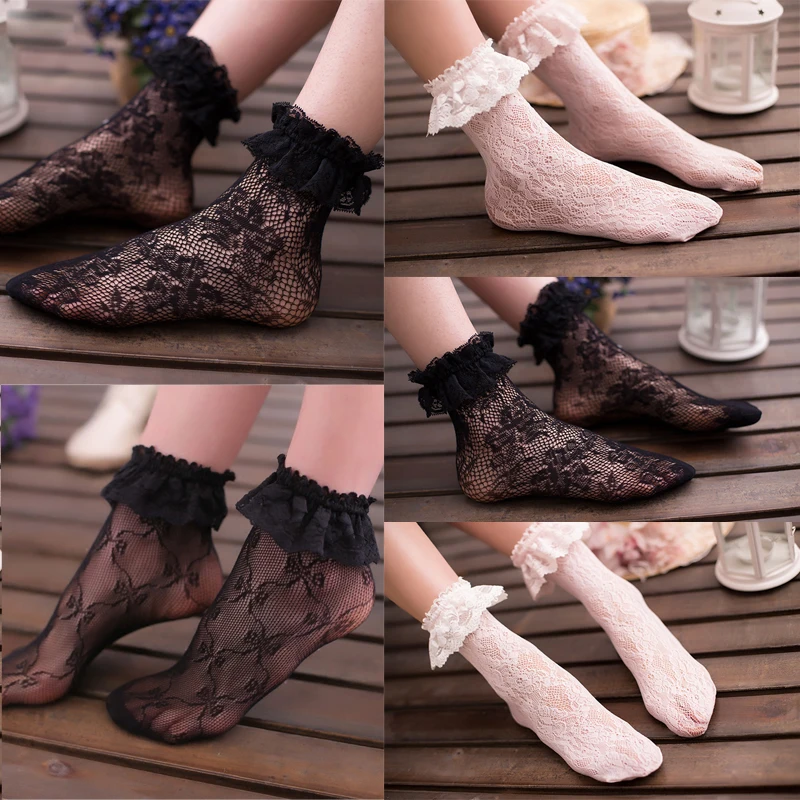 

Sexy Lace Floral Socks Women Summer Hot Socks Lace Ruffle Soft Pleats Elastic Fishnet Short Ankle Socks Black White