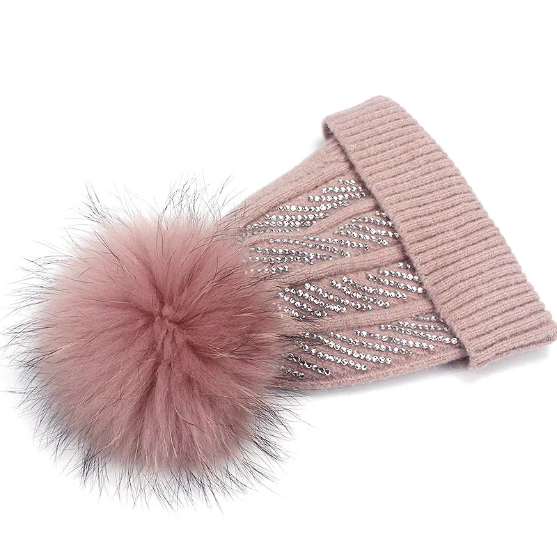 Брендовая зимняя Стразы шапка с бриллиантом, натуральный мех, зимняя женская шапка с красными помпонами, теплая шапка для девочек, шерстяная теплая шапка, Модная вязаная шапка