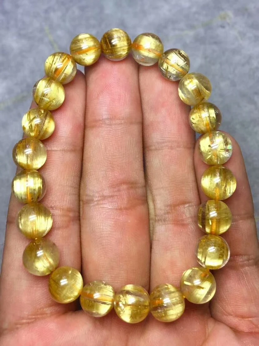 

100% Natural Gold Rutilated Titanium Quartz 8.5mm Round Beads Bracelet Brazil Women Men Crystal Reiki Stretch Certificate AAAAA
