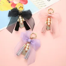 New Crystal bowknot Keychain Woman Tassel pearl Key Chain Bow Chain Tassel Key Ring Women Bag Car Pendant Jewelry Gifts trinket new fashion women heart rhinestone keychain pendant car key chain ring holder jewelry exquisite gifts m23