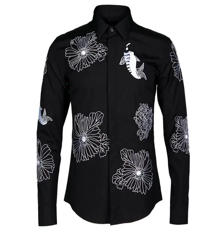 Роскошные мужские рубашки Chemise Homme брендовые классические с вышивкой Рубашки мужские повседневные рубашки с длинным рукавом Slim Fit Мужские рубашки высокого качества M-4XL - Цвет: Черный