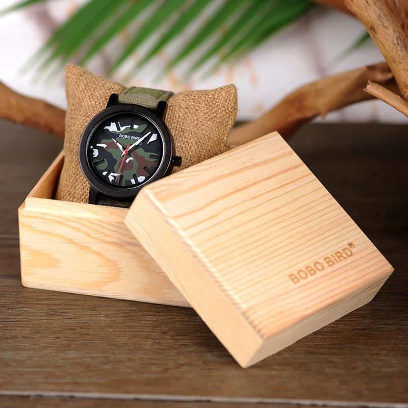BOBO BIRD Green Army Men Quartz Watch Luxury Wood Wristwatches Timepiece Top Brand Best Gift relogio masculino In Wood Box L-R24