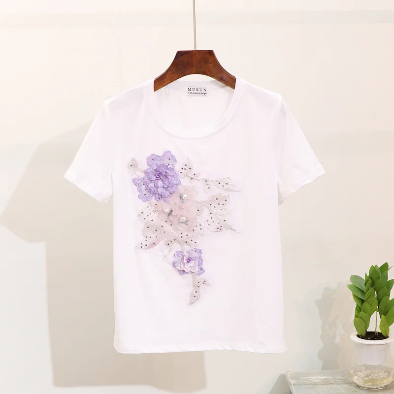 ALPHALMODA Лето, вышитые бисером цветы, Conjuntos De Mujer, вышитые аппликации, футболки с дырками, узкие джинсовые штаны, одежда