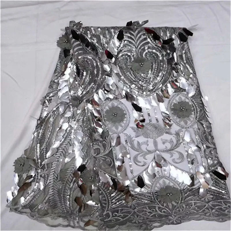 

2019 New design grey 3d flower sequins lace fabric for women nice dress high quality african French net lace fabric with beads