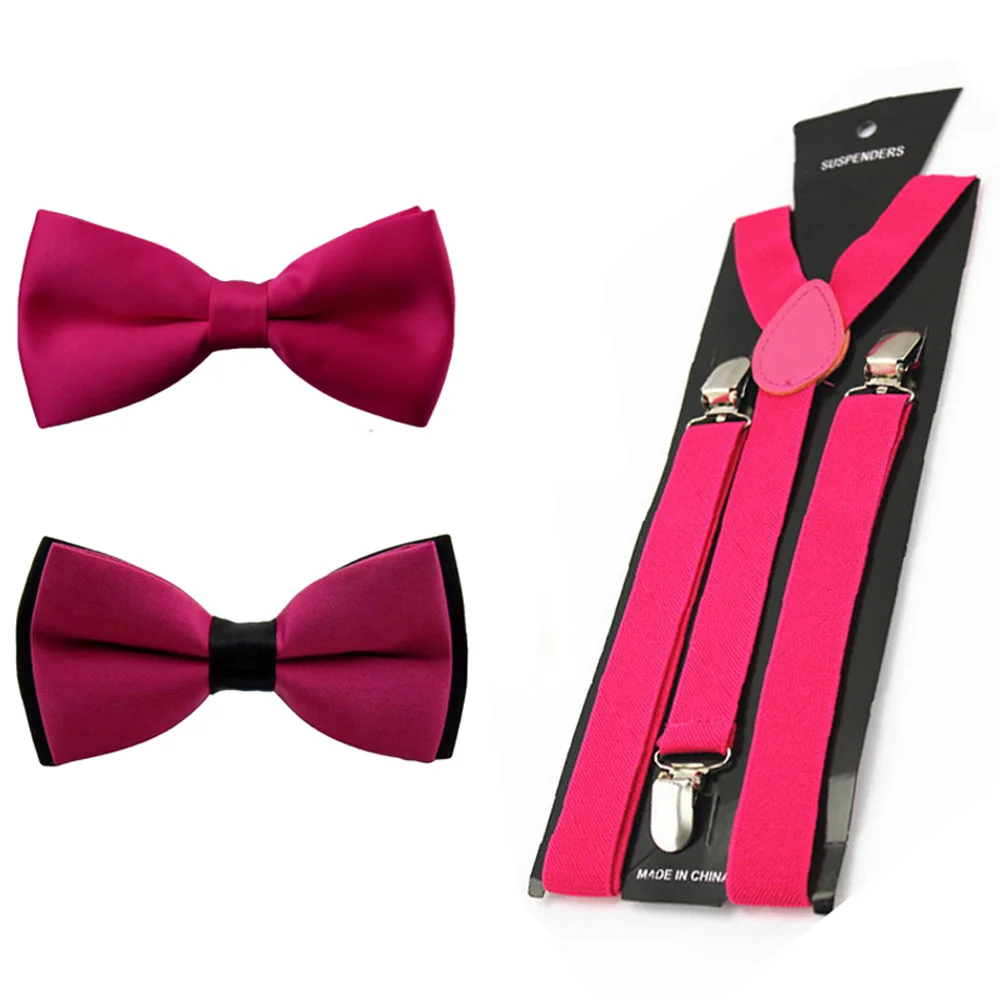 Hot Pink Мужской однотонный предварительно завязанный Галстук-бабочка галстук-бабочка эластичный Y-Back подтяжки клип на брекете набор BWSET0305 - Цвет: Hot Pink
