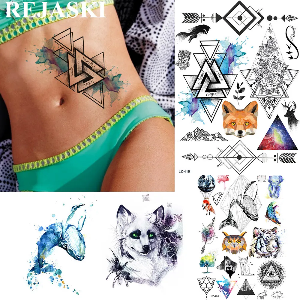 

REJASKI Arrow Triangle Fox Geometric Temporary Tattoos For Women Men Sticker Galaxy Rose Flower Fake Tattoo Body Art Tatoos