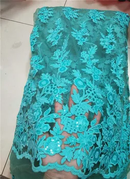 

2018 high quality French Nigerian sequins net lace,African tulle mesh sequence lace fabric for party dress 5yards/lot green