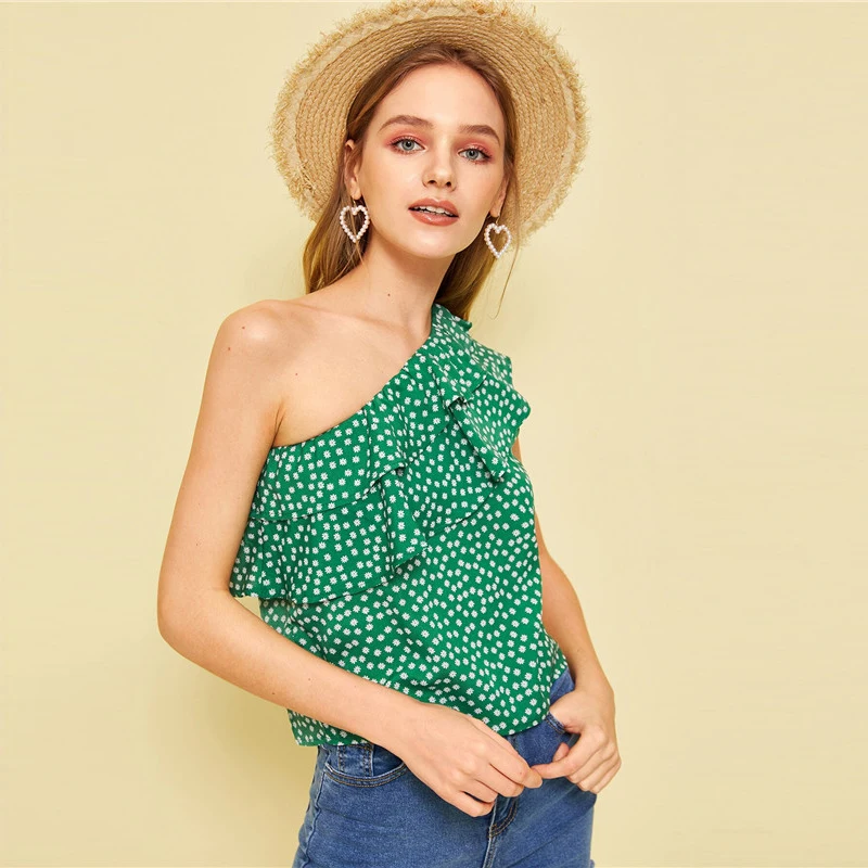 ROMWE Boho/блузка с одним плечом и рюшами, с рукавом-крылышкой, с зеленым цветком, для женщин, милый девчачий, многоуровневый, волан, летние блузки-топы