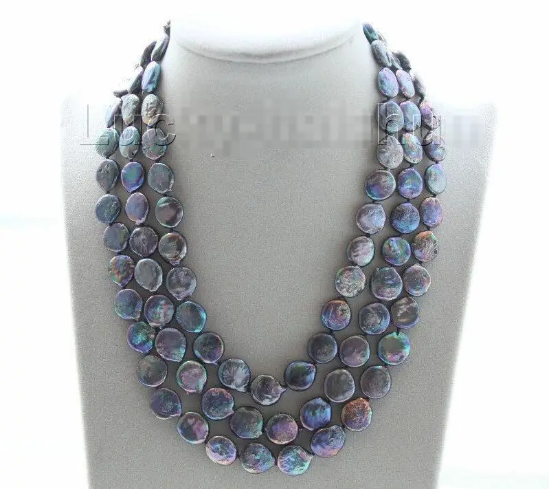

Free shipping hot sale Women Bridal Wedding Jewelry >>adjustable 15.5"-17.5" 3row 12mm coin fastener black pearl necklace j9511