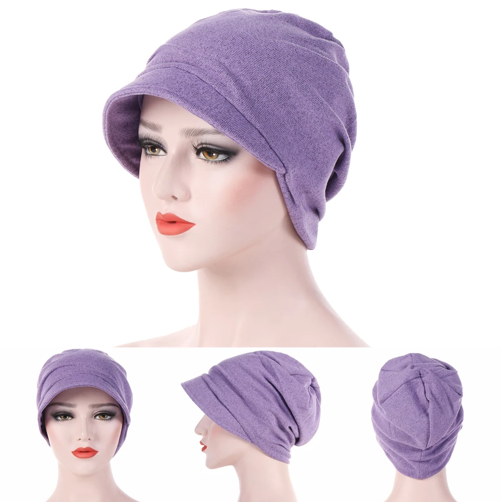 

Cap Winter Warm Turban Woman Autumn Windproof Cotton Purple Beanie Cap Solid Color Men Beret With Brim Knitting Hexagonal Hat