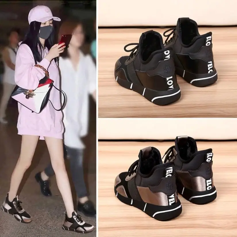 

2018 spring increase height women's all match shoes Korean version hack fashion ladies casual lace up Pu patch work shoes