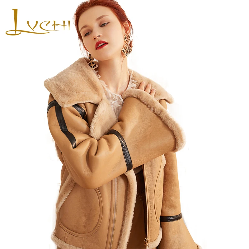 LVCHI 2019 Натуральная Кожа Шуба двусторонний мех короткая натуральная кожа куртка Локомотив отложной воротник линии Короткие пальто