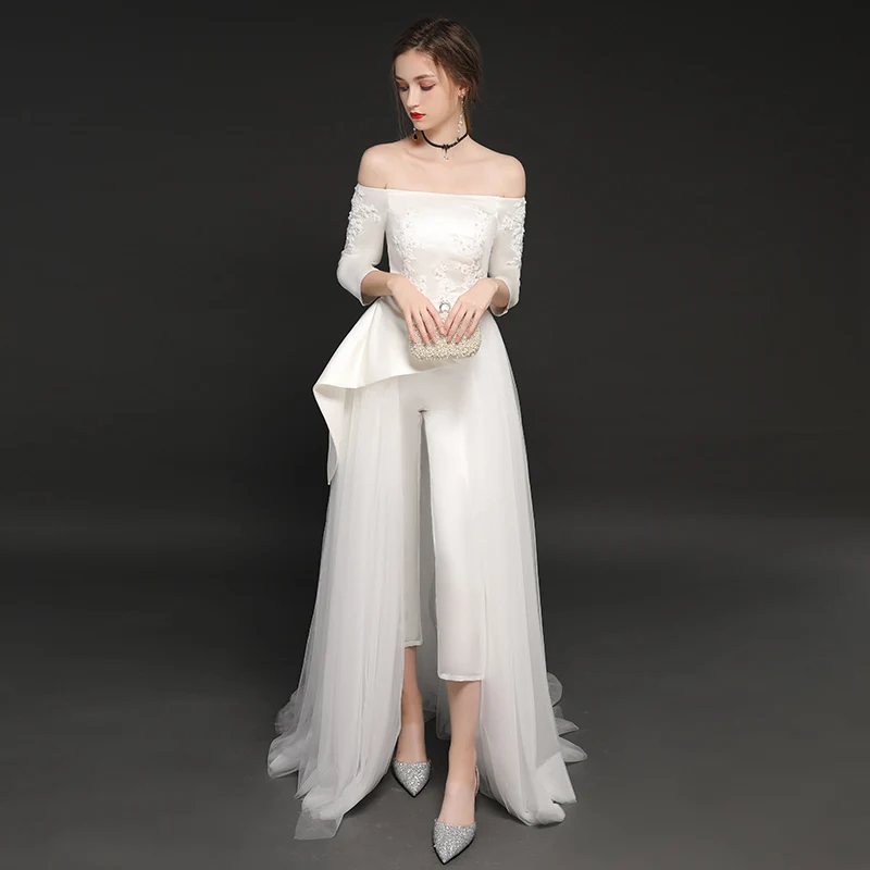 White Wedding Jumpsuits Three Quarter Sleeves New Charming Tulle Satin Wedding Dresses Off the Shoulder Vestidos de Novia