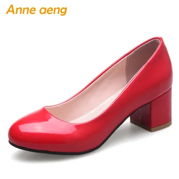 

2019 New Spring/Autumn Women Pumps Middle Square Heel Round Toe Shallow Sexy Office Ladies Women Shoes Red Pumps Big Size 33-46