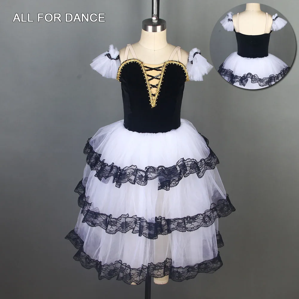 

Spanish Long Ballet Tutu Black Velvet Black Top Bodice White Tulle Ballet Costumes Dance Tutu Ballerina Dance Costumes