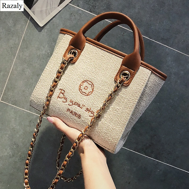 

Razaly brand good quality canvas large capacity woman handbags vintage totes pu leather handle metal gold chain simple bags 2018