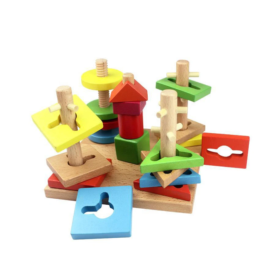 ФОТО Chanycore Baby Learning Educational Wooden Toys Geometric Shape Blocks Column Board Sorting Matching Montessori Kids Gifts 4112