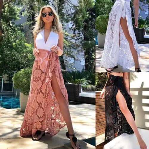 Летние Для женщин Кружева Бикини Cover Up Купальники Sheer Юбки пляжные макси Обёрточная бумага юбка саронг Парео длинное повязки юбки новый
