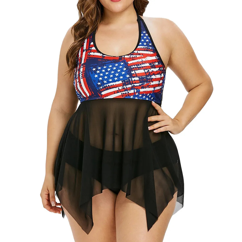 

CHAMSGEND New Women's American flag large size veil bikini dress swimsuit sexy fashion beachwear two-piece swimsuit