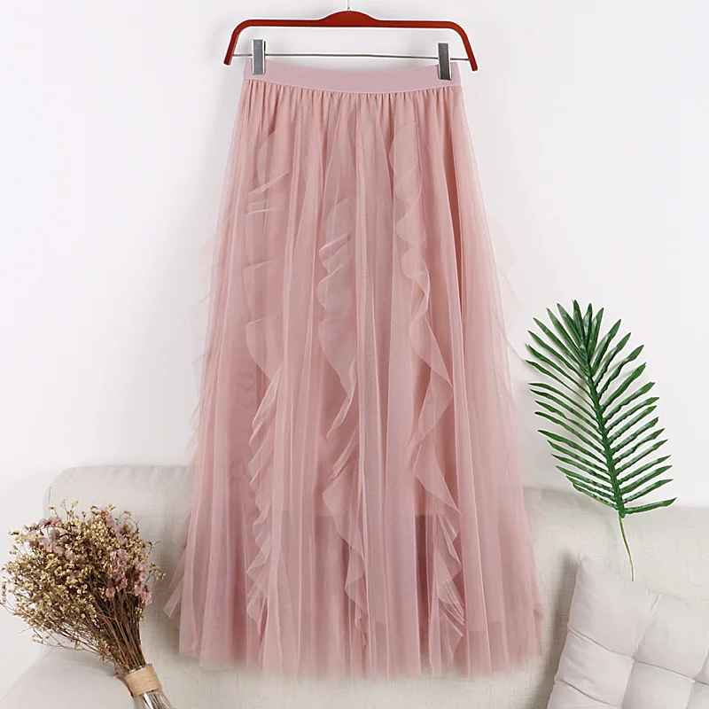 Летние новые двухслойные юбка из прозрачной ткани Твердые A-Line Ruffle лист белый черный розовый синий повседневная сексуальная тонкая