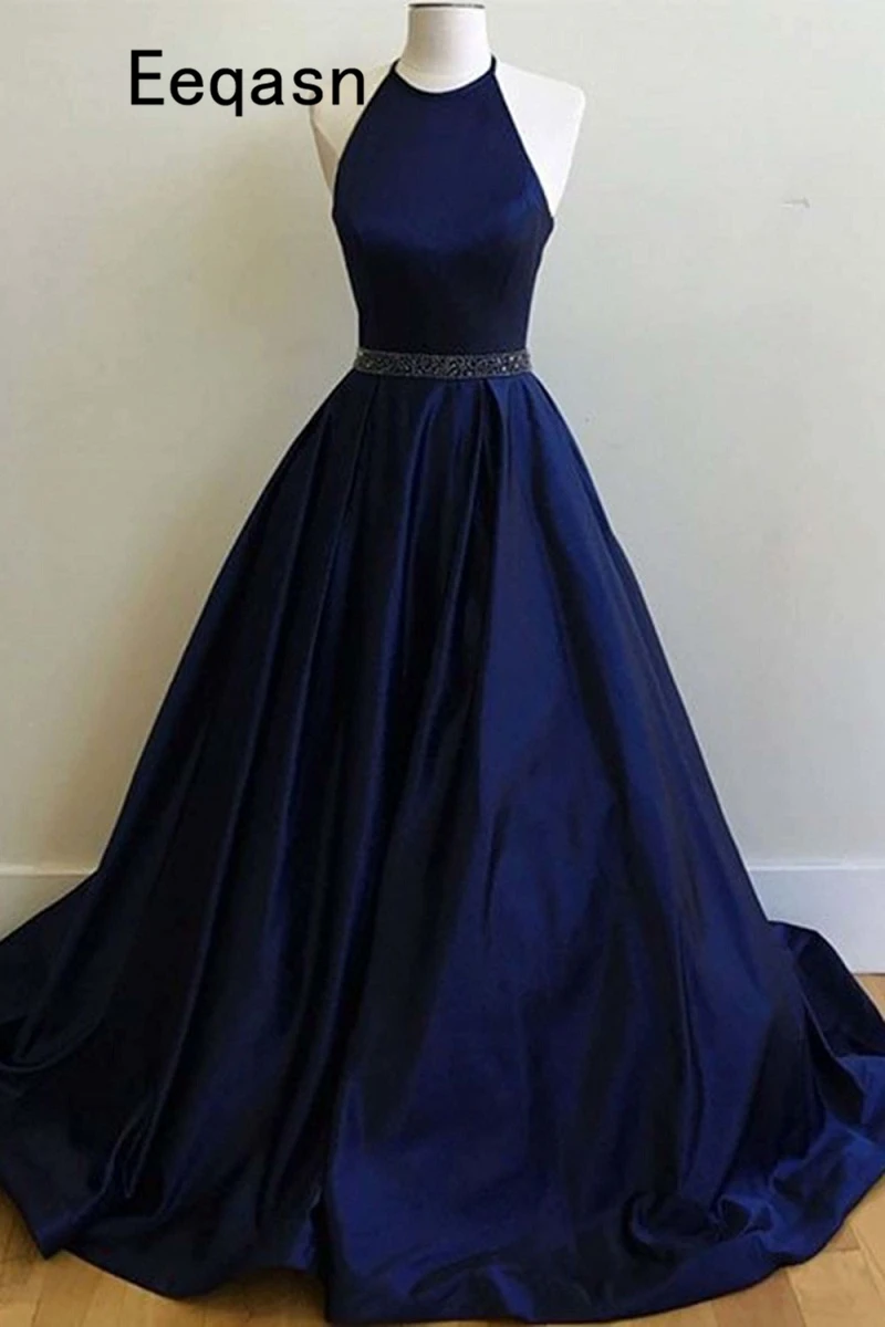 

Elegant Prom Dresses 2018 Sexy Backless Satin Formal Evening Dress Party Gown Luxury Beaded A Line Long Prom Dress Custom