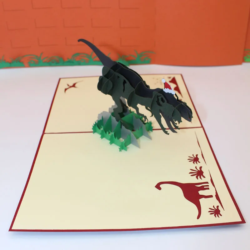  3D Handmade Cool Wearing Christmas hat Tyrannosaurus Rex Dinosaur Paper Invitation Greeting Cards P - 32840866048