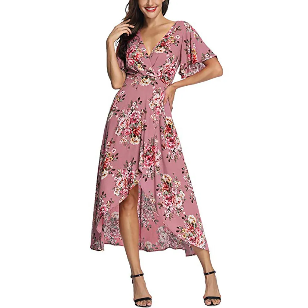 TELOTUNY Ladies Dress Women Summer V Neck Short Sleeve Floral Print Beach Party Wedding Long Dress Women Dress Fashion Hot Jan22