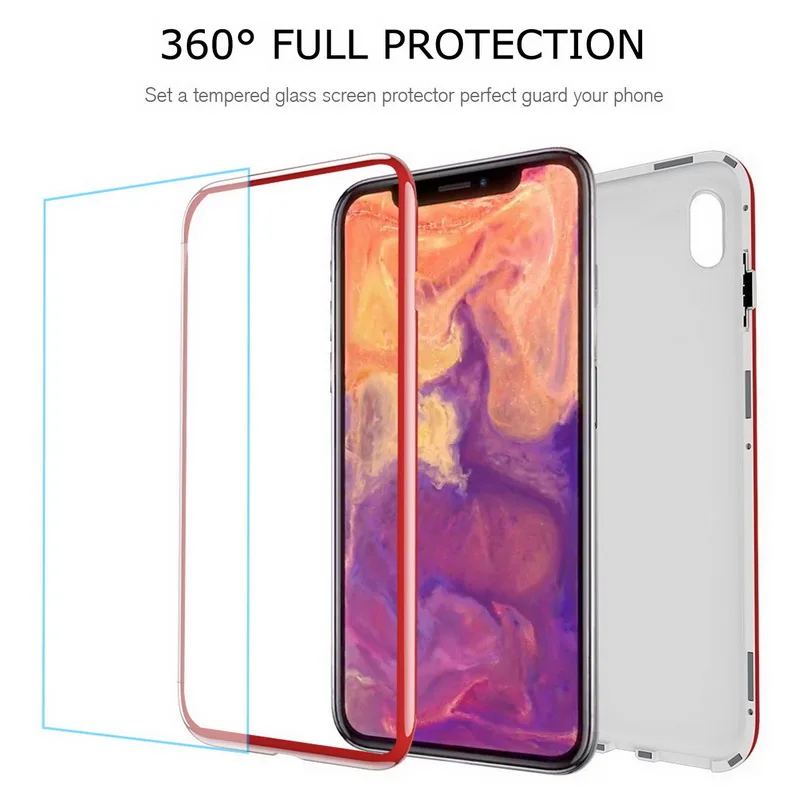Магнитный адсорбционный чехол для телефона для iPhone X 10 8 8 Plus, задняя крышка из закаленного стекла+ Жесткая рамка для ПК, чехол для всего тела для iPhone 6 6 S 7 Plus