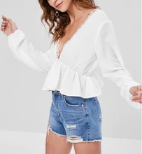 White Women's Shirt Lace Top Casual Tops White Shirt V Neck Blouse Lace Sexy Blouse Beach Lantern Sleeve Crop Top Women Tops lace panel blouse