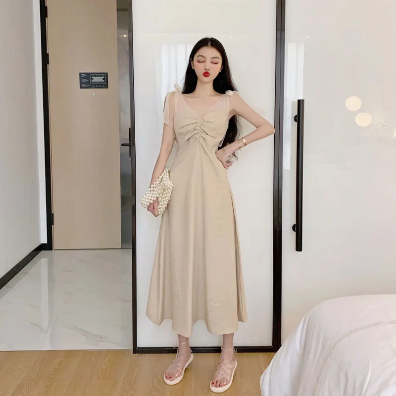 

Summer Korea Lazy Wind Long Sling Lace Dress V neck Pleated Waist Chest Pure Color Dress 2019 New A line Women's Clothes