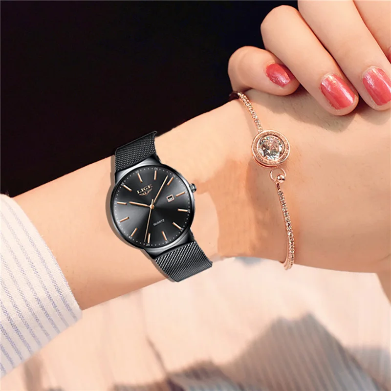Современная мода LIGE новые женские черные кварцевые часы с сеткой из нержавеющей стали часы высокого качества повседневные часы женские спортивные часы