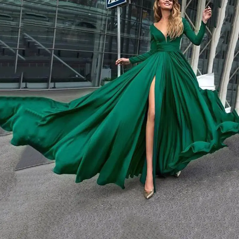 Женские однотонные вечерние пляжные платья с v-образным вырезом, женские осенние сексуальные платья с длинным рукавом, платье с длинным разрезом - Цвет: Зеленый