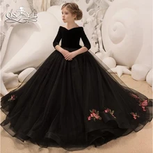QSYYE/черное винтажное бальное платье, Платья с цветочным узором для девочек кружевное платье для причастия из тюля с открытыми плечами и v-образным вырезом и короткими рукавами в пол