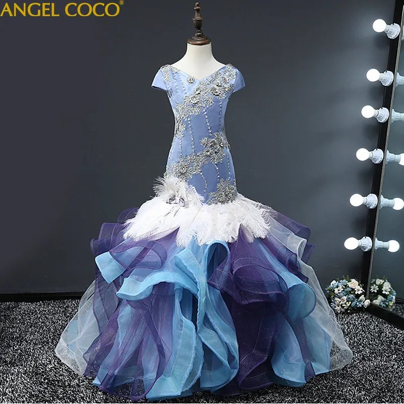 

Girl Evening Dress Model Fashion Beauty Contest Catwalk Dress Tail Tutu Children'S Stage Feather Carnival Costume For Kids 2019