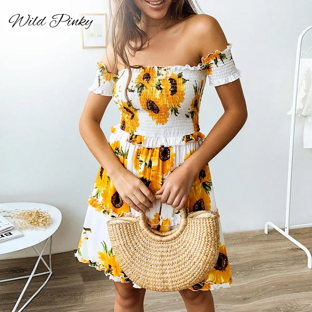 WildPinky Для женщин летнее платье Boho Стиль Цветочный принт с плеча оборками пляжное платье Свободные мини Платье для вечеринки