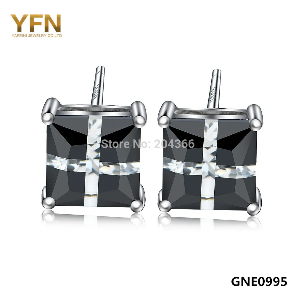YFN New 2015 Fashion Black CZ Stud Earrings 5x5mm Genuine 925 Sterling Silver Square Earrings Gifts For Women